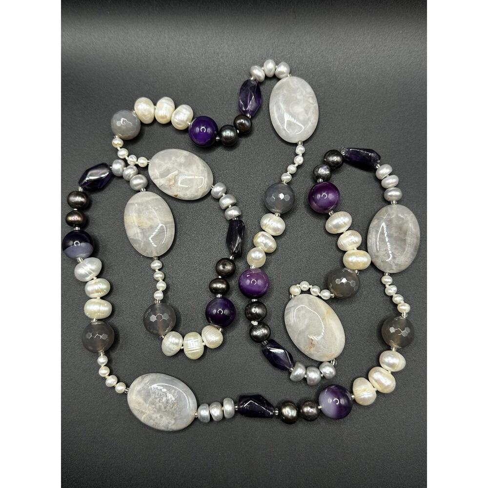 Long Natural Amethyst & Pearl Necklace Crystal Beaded Infinity Quartz 38”